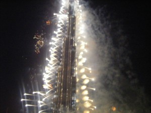 Fireworks blazing from both sides of Burj Dubai